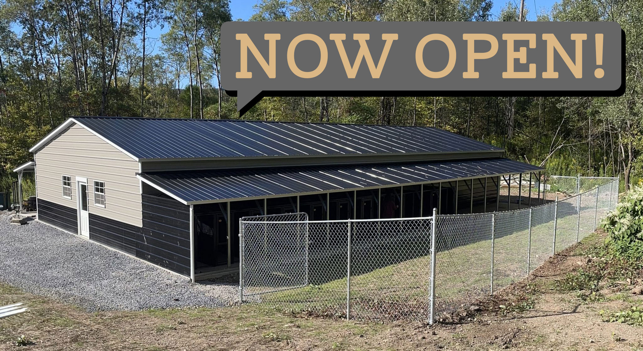 Image of the kennels with a text popup that says Now Open! | Brick Valley Farm